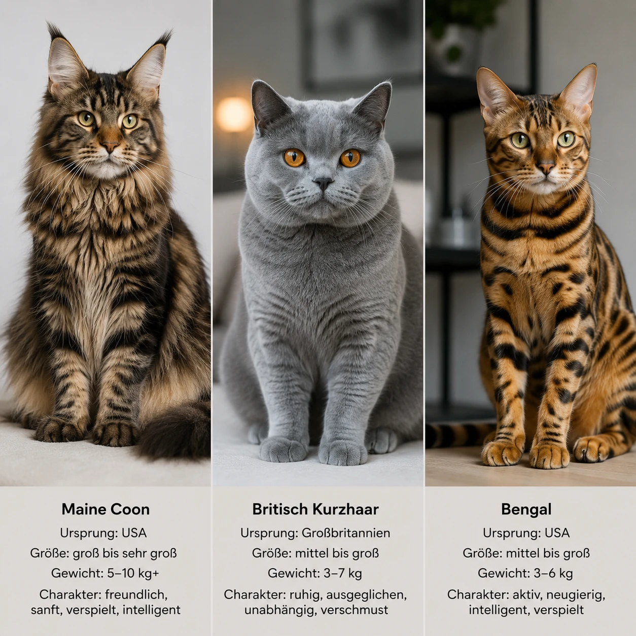 Maine Coon, Britisch Kurzhaar und Bengal im Vergleich