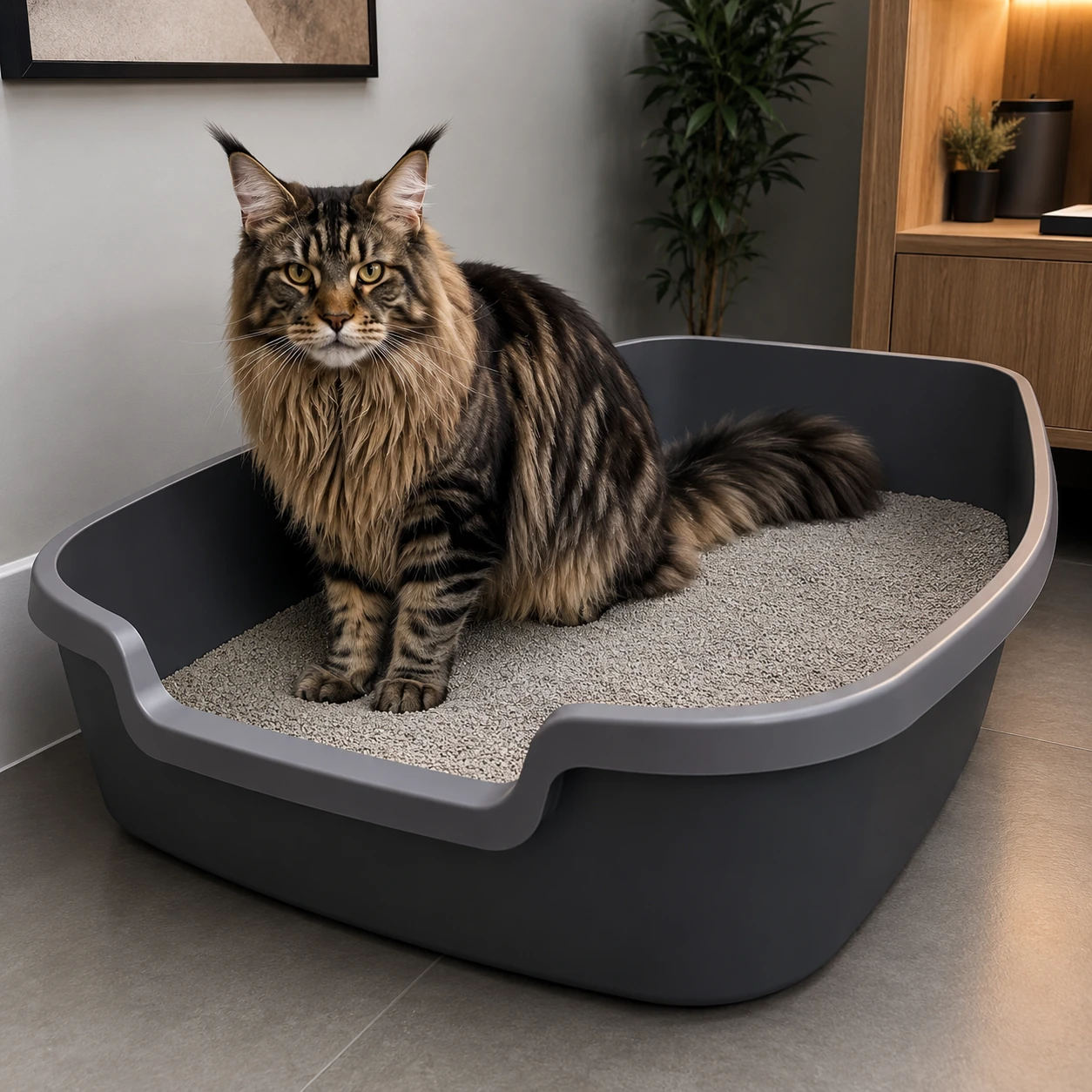 Maine Coon testet ein großes offenes Katzenklo als Symbolbild für rassegerechtes Klo-Setup
