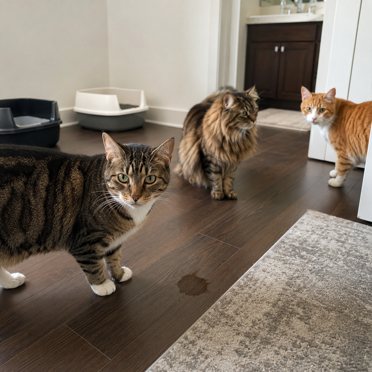 Mehrkatzenhaushalt mit drei Katzen, zwei Katzenklos und einer Urinstelle auf dem Boden – welche Katze pinkelt außerhalb des Katzenklos