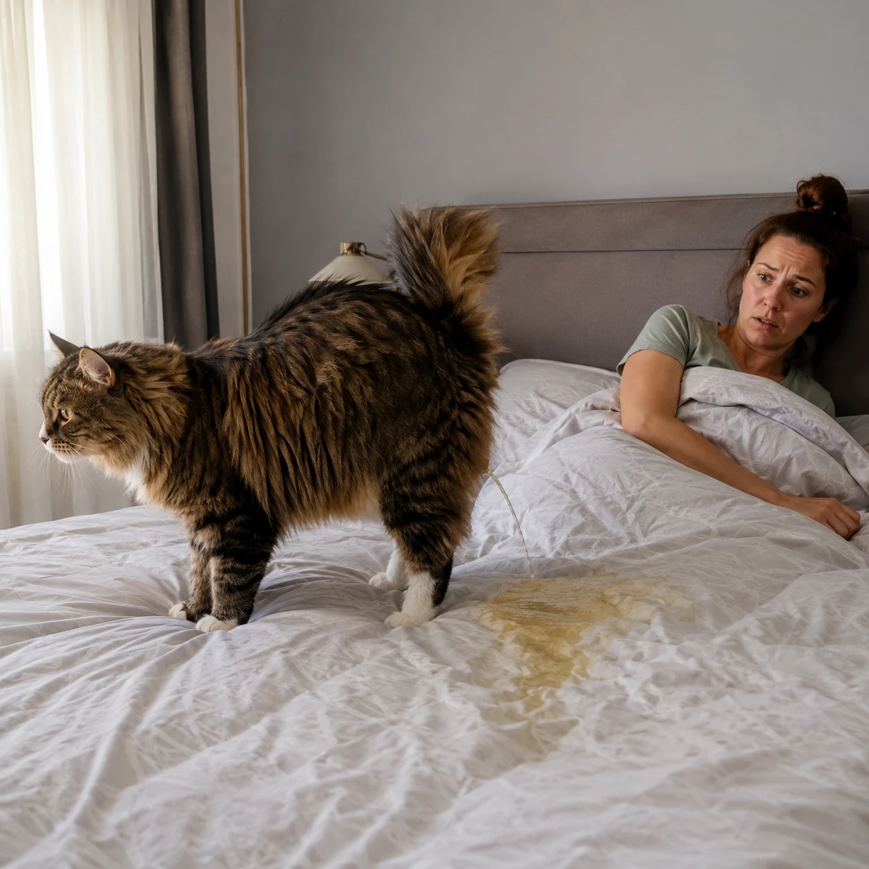 Norwegische Waldkatze pinkelt ins Bett, während die Halterin darin liegt und überrascht reagiert