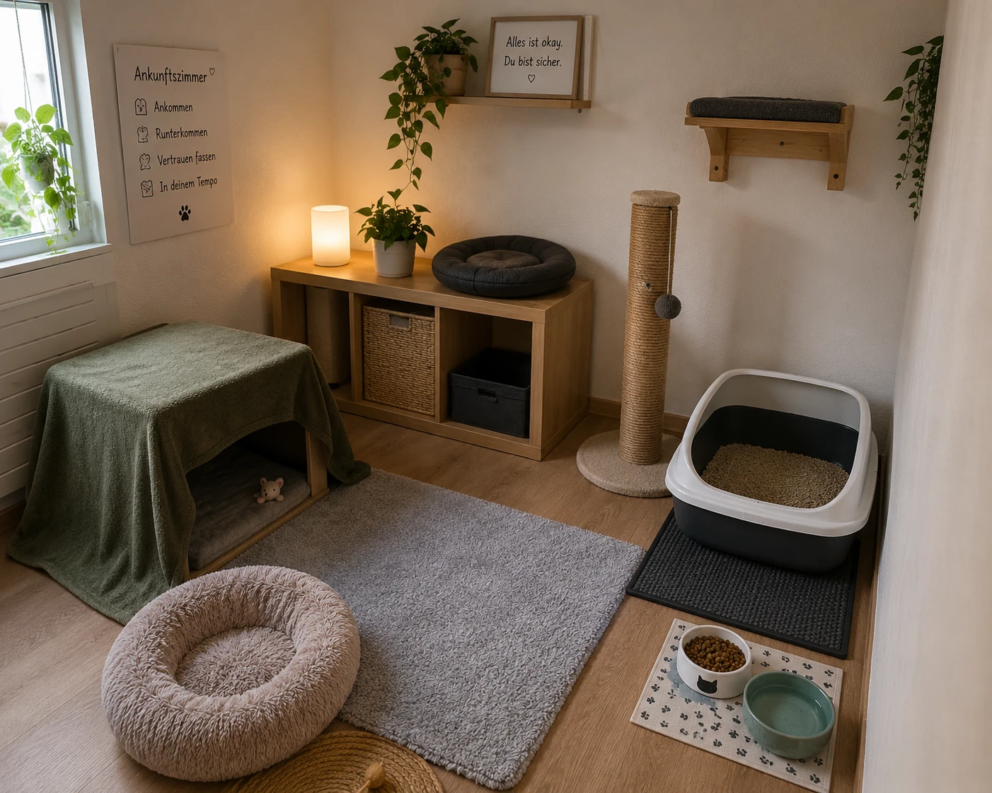 Eingewöhnungszimmer für Rassekatze aus dem Tierheim vorbereiten