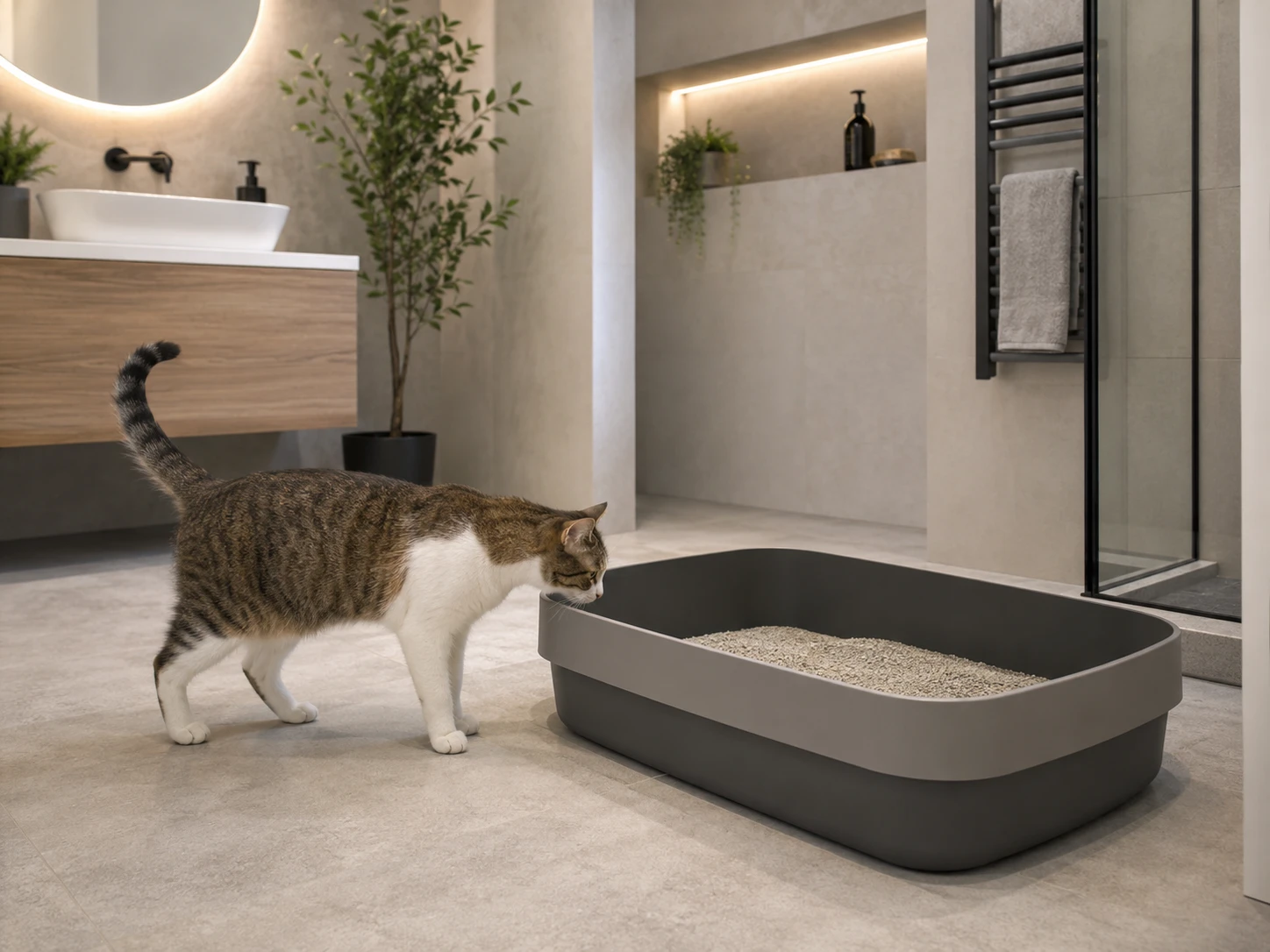 Großes offenes Katzenklo in modernem Bad – richtige Größe und Standort.