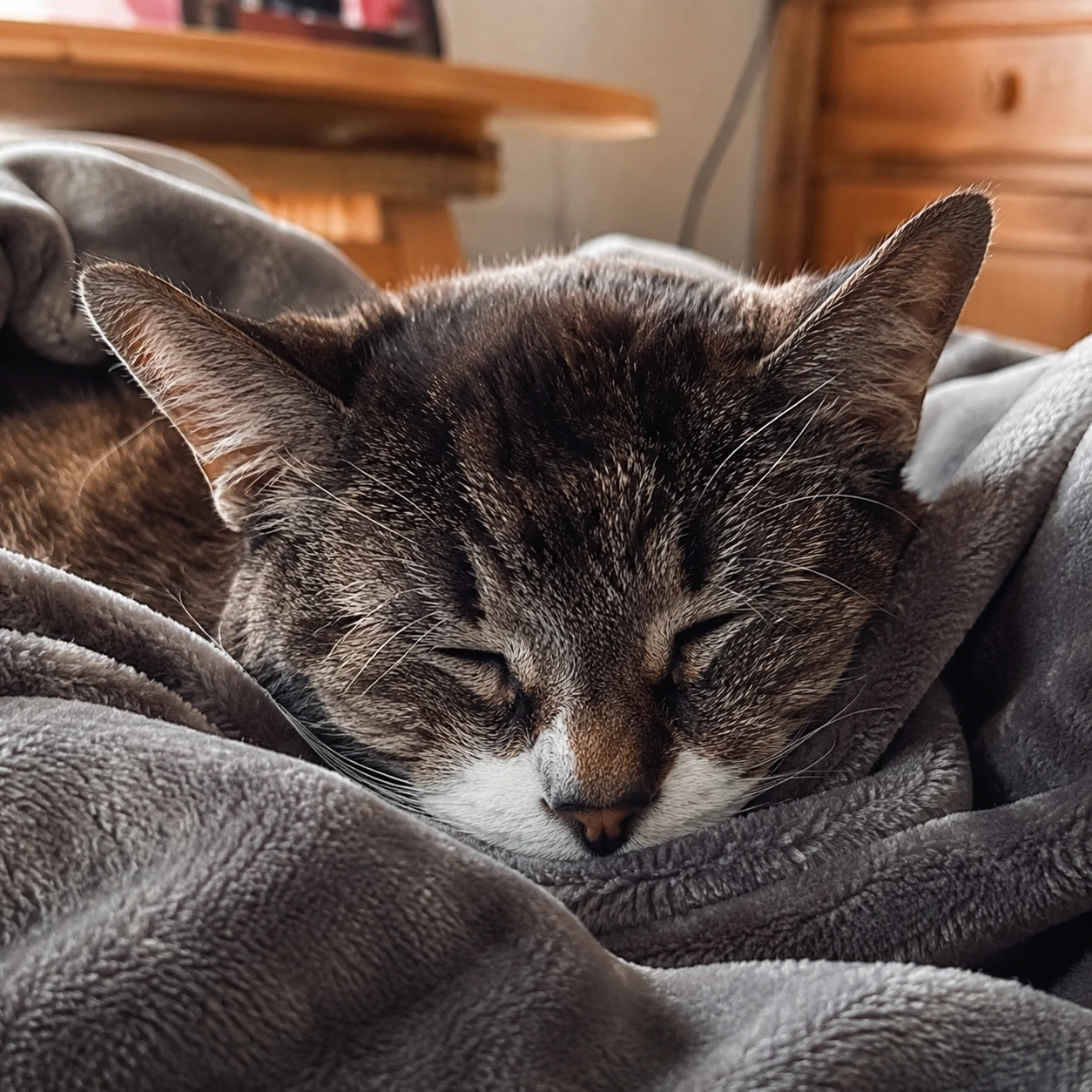 Sehr alte Hauskatze schläft entspannt auf einer Decke – Begleitung bei Katzendemenz