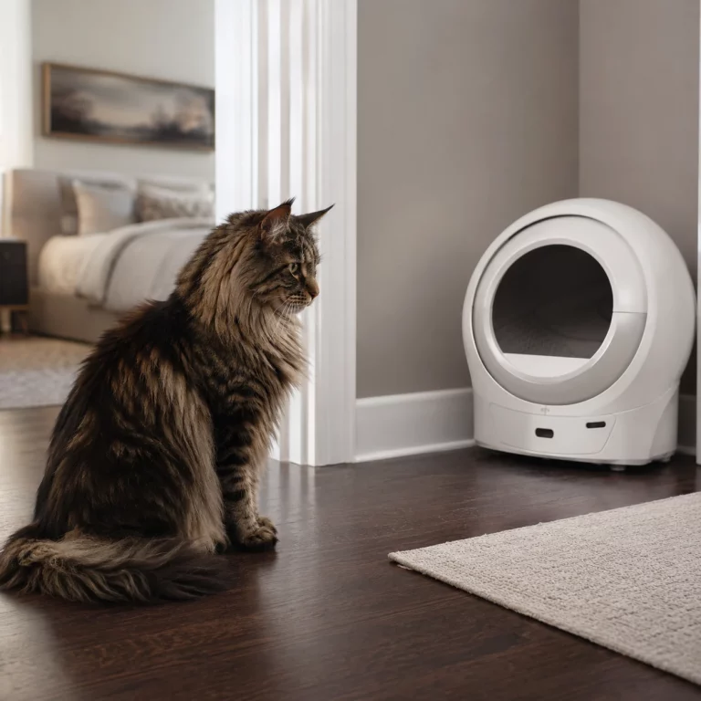 Maine coon katze beobachtet aus Distanz ein selbstreinigendes Katzenklo – Skepsis vor der Technik.