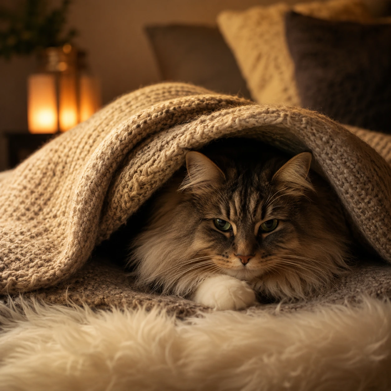 Ängstliche Norwegische Waldkatze versteckt sich unter einer Decke in einem gemütlichen Zimmer mit gedämpftem Licht