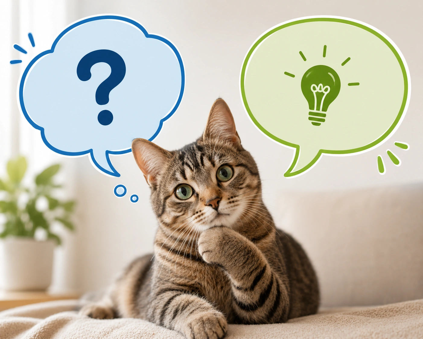 Unsauberkeit Katze häufige Fragen – Sprechblasen-Visual mit Hauskatze im Hintergrund.