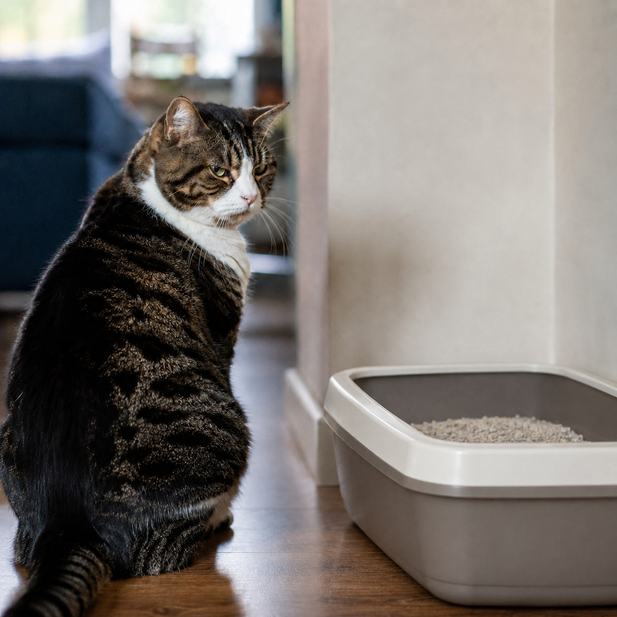 Katze sitzt im Wohnraum und wirkt abweisend, während der Textkontext erklärt, dass Unsauberkeit bei Katzen kein Protestverhalten ist