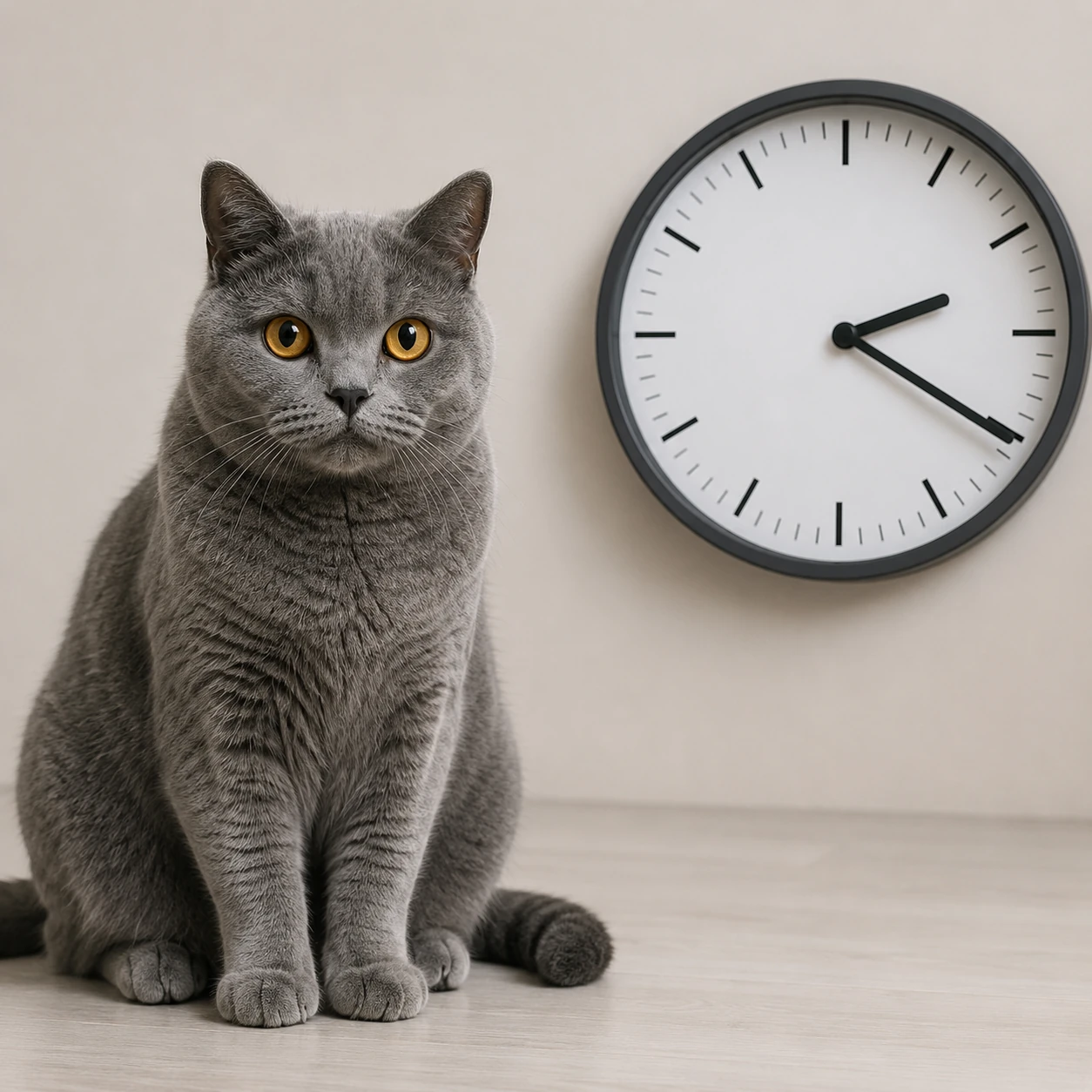 Britisch Kurzhaar Katze neben runder Uhr als Symbol für normales Urinieren und Warnzeichen beim Pinkeln von Katzen.