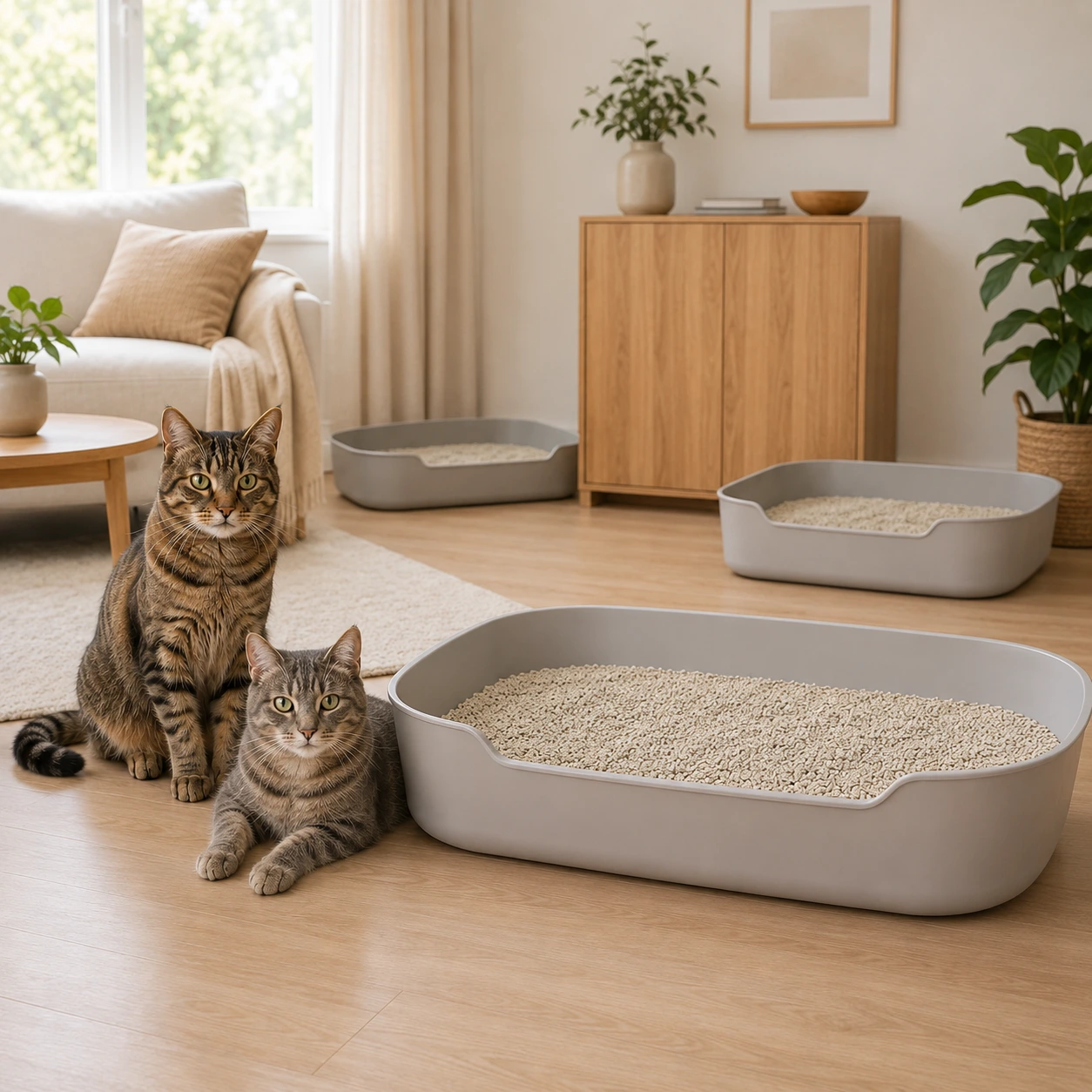 Zwei entspannte Hauskatzen sitzen in einem hellen skandinavischen