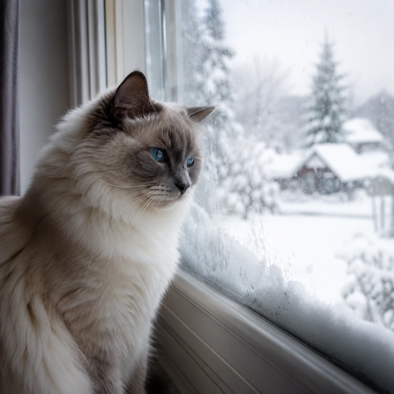Freigänger-Katze schaut durch verschneite Fensterscheibe nach draußen im Winter.
