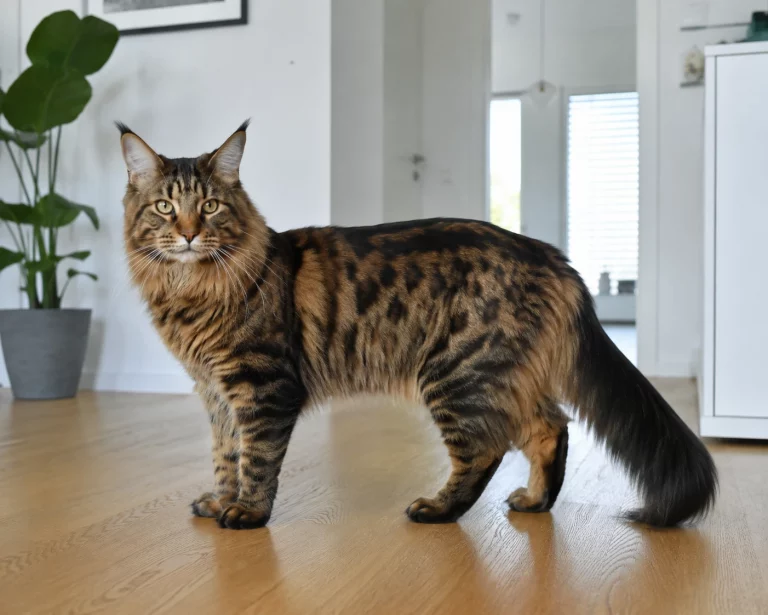 Bengal Maine Coon Mix in ruhigem Rassekatzen-Portrait