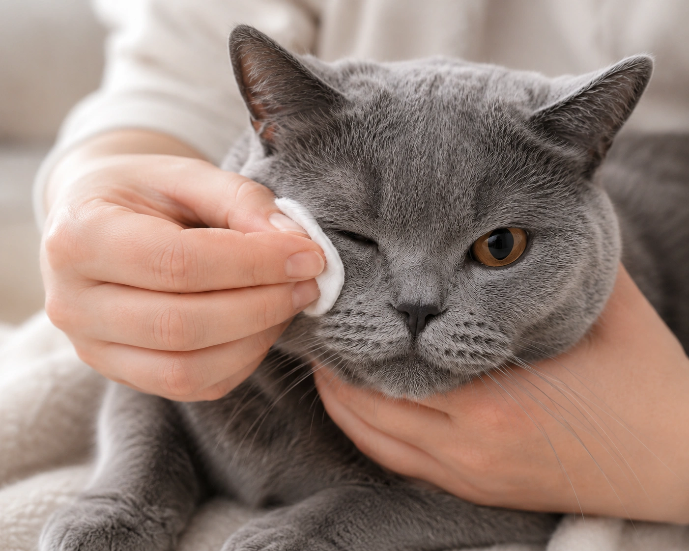 Hand mit weichem Tuch, Katze entspannt