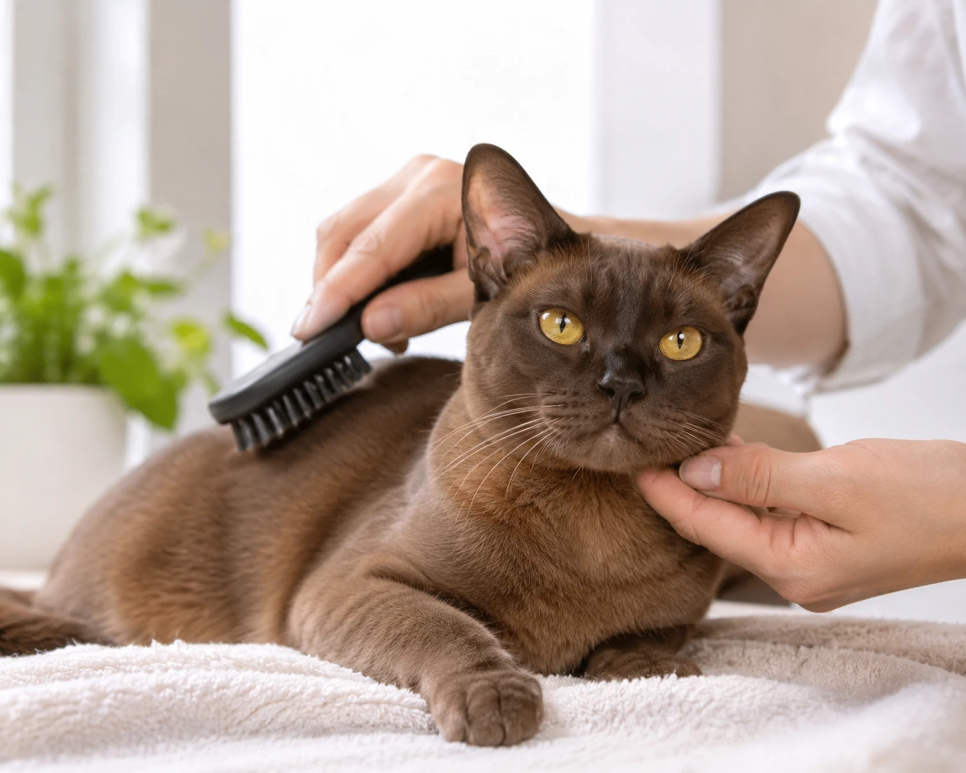 Kurze Fellpflege oder Gesundheitscheck-Situation, Katze entspannt, keine Zwangssituation