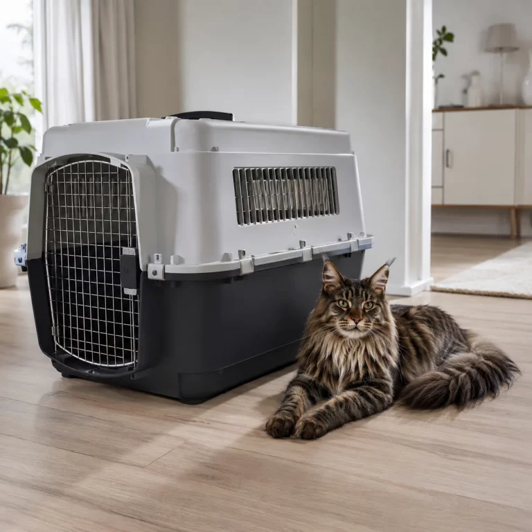 Maine Coon neben passender Transportbox