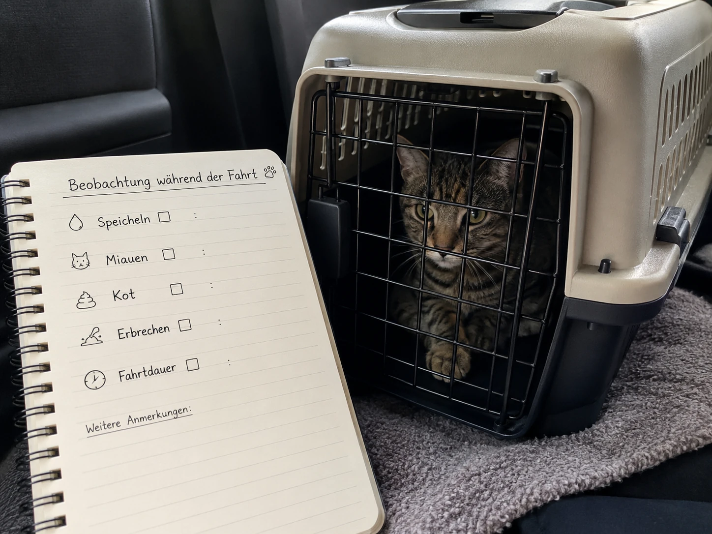 Beobachtungsliste für Autofahrten mit Katze