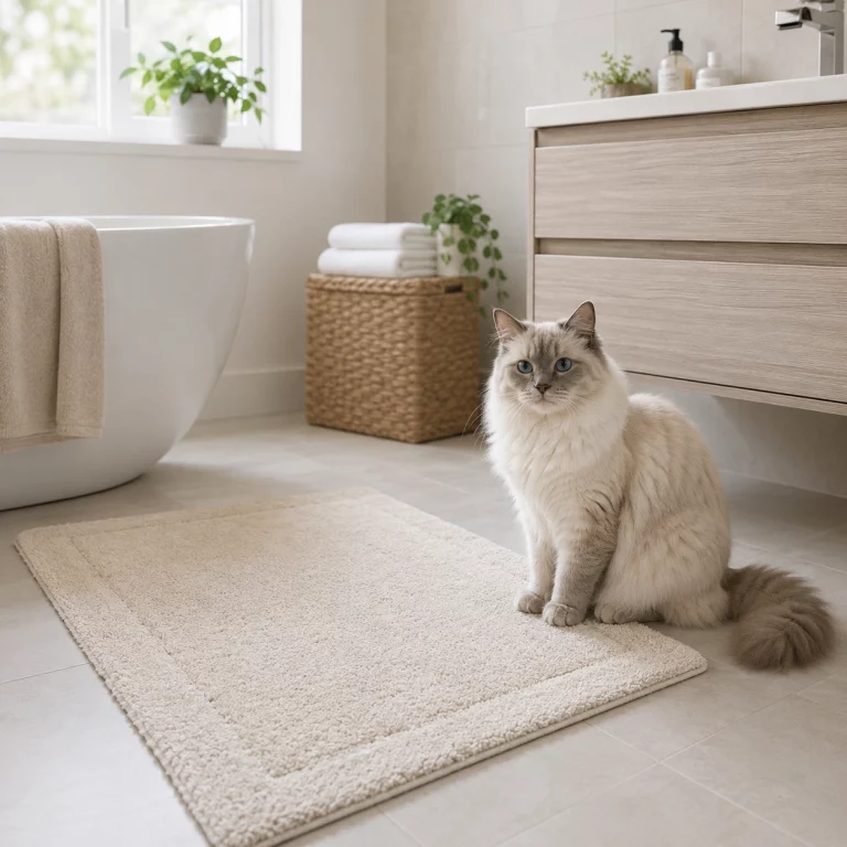 Katze neben Badematte im Bad bei Unsauberkeit