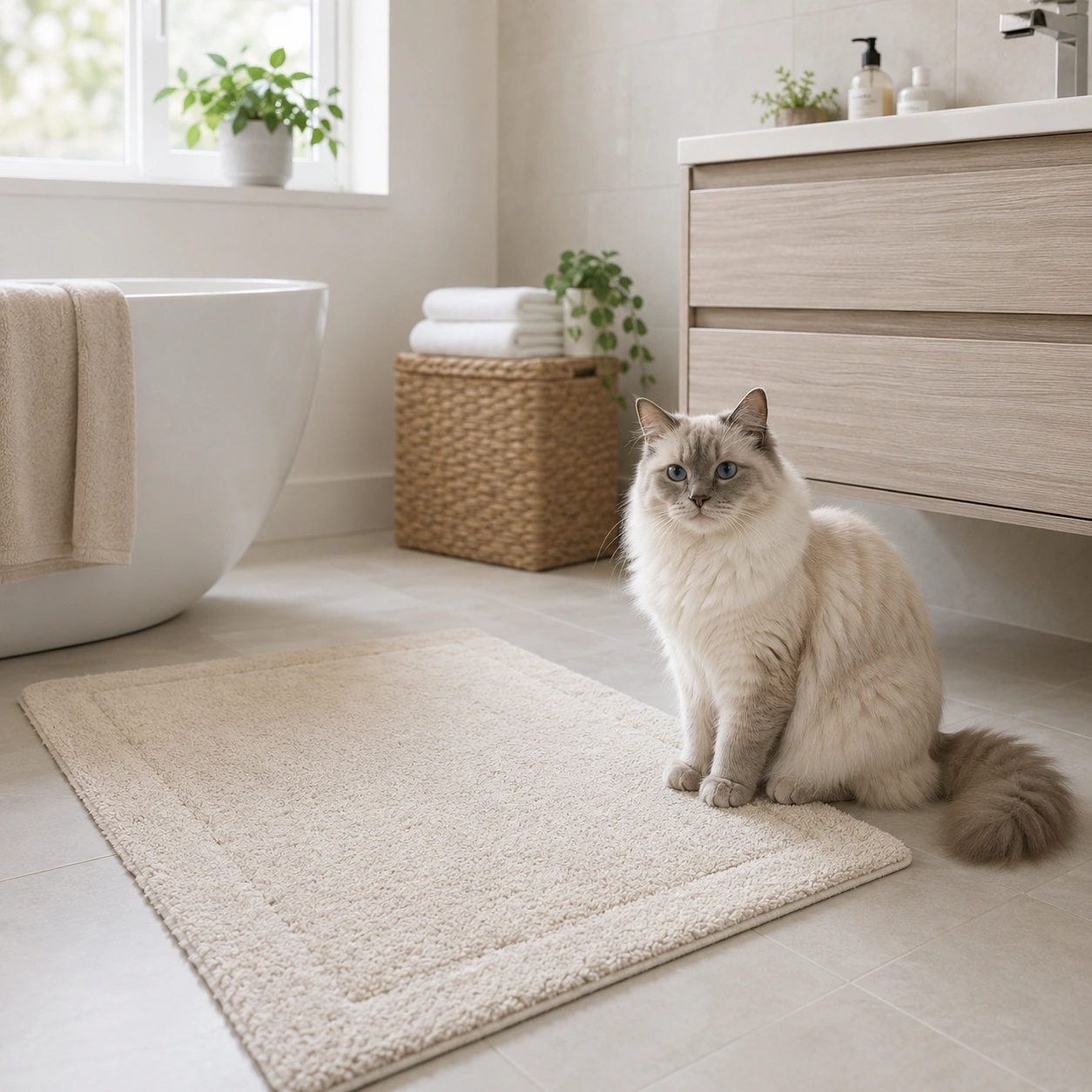 Katze neben Badematte im Bad bei Unsauberkeit