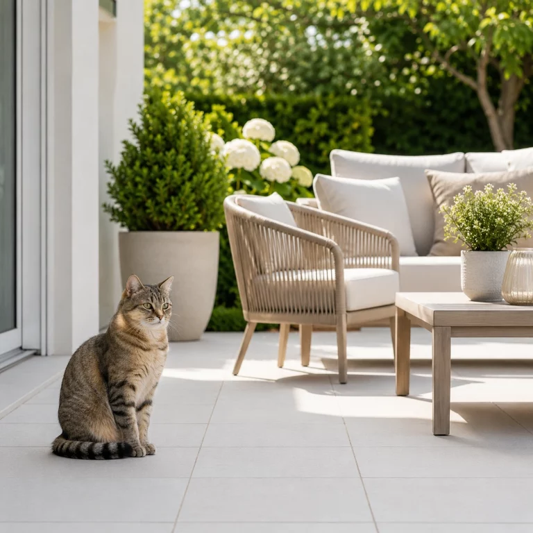Katze neben Gartenmöbeln auf der Terrasse bei Unsauberkeit