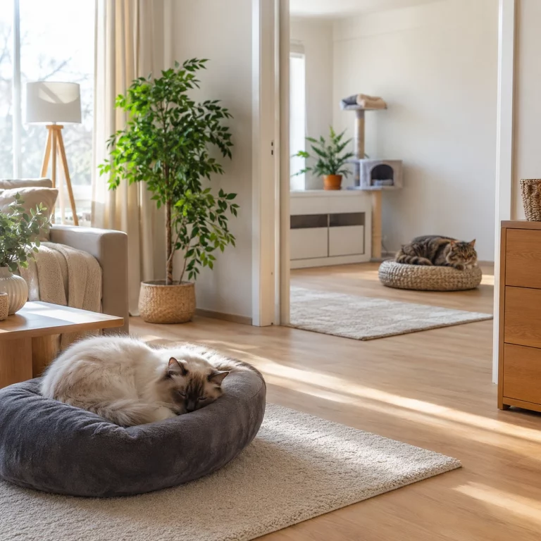 Katze neben Katzenbett als Hinweis auf Unsauberkeit am Schlafplatz