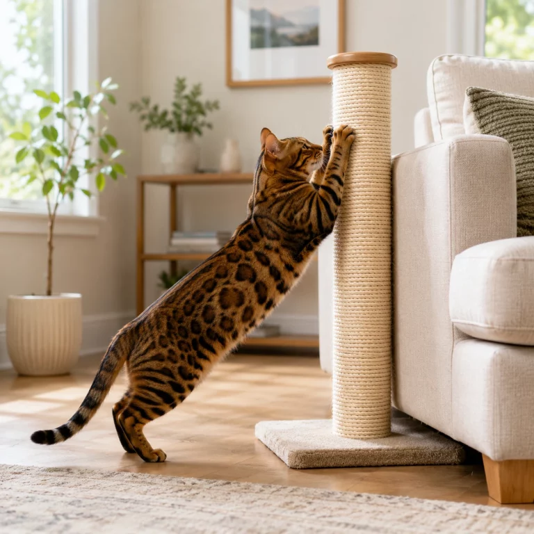 Katze nutzt Kratzsäule neben dem Sofa statt Möbel zu kratzen