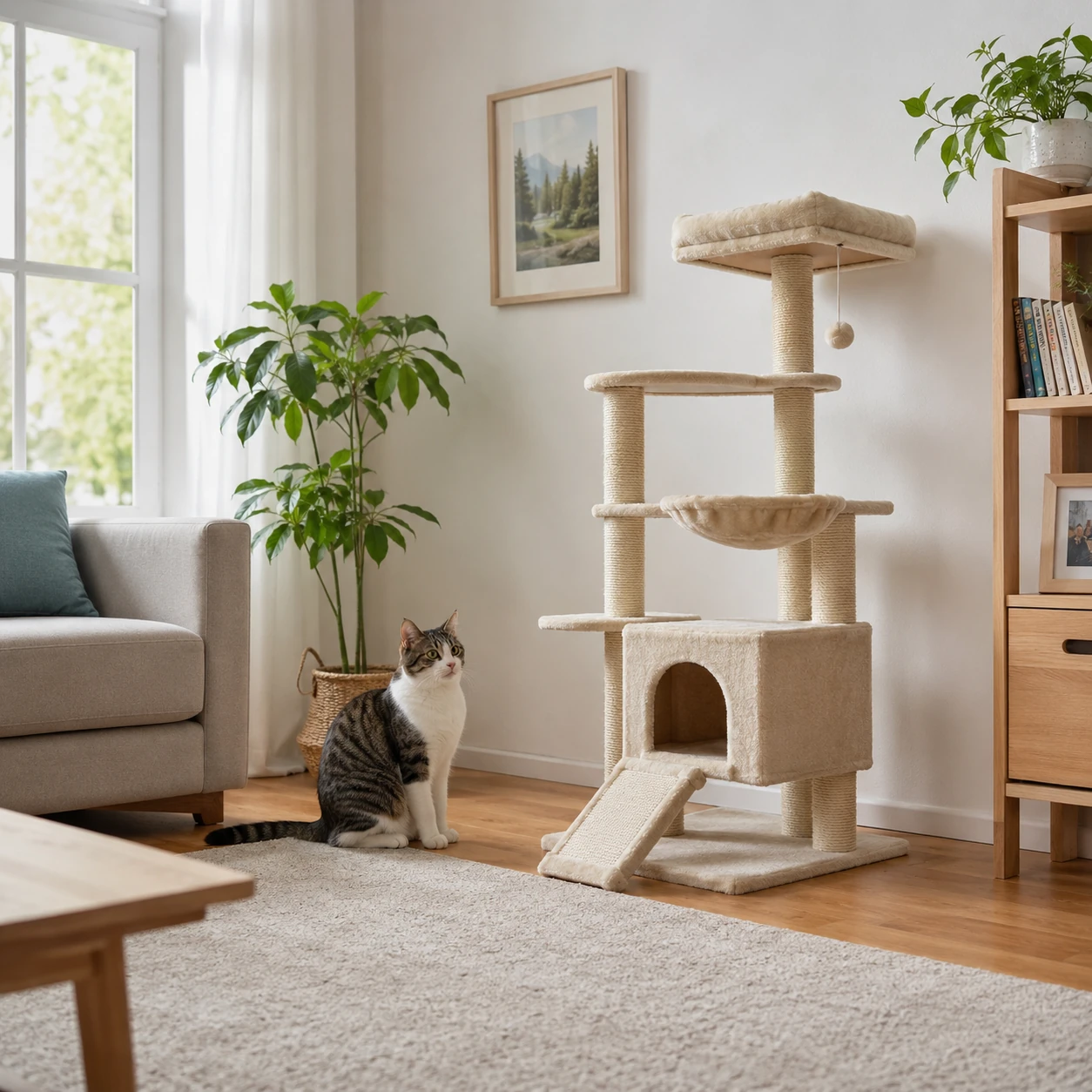 Katze neben Kratzbaum bei Unsauberkeit ruhig beobachten