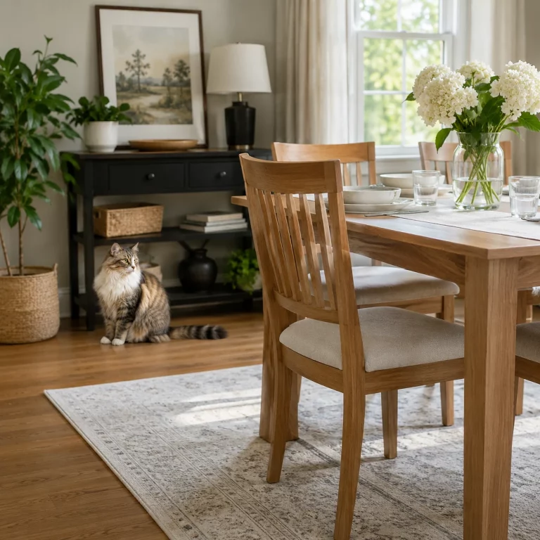 Katze neben Tisch bei Unsauberkeit ruhig beobachten