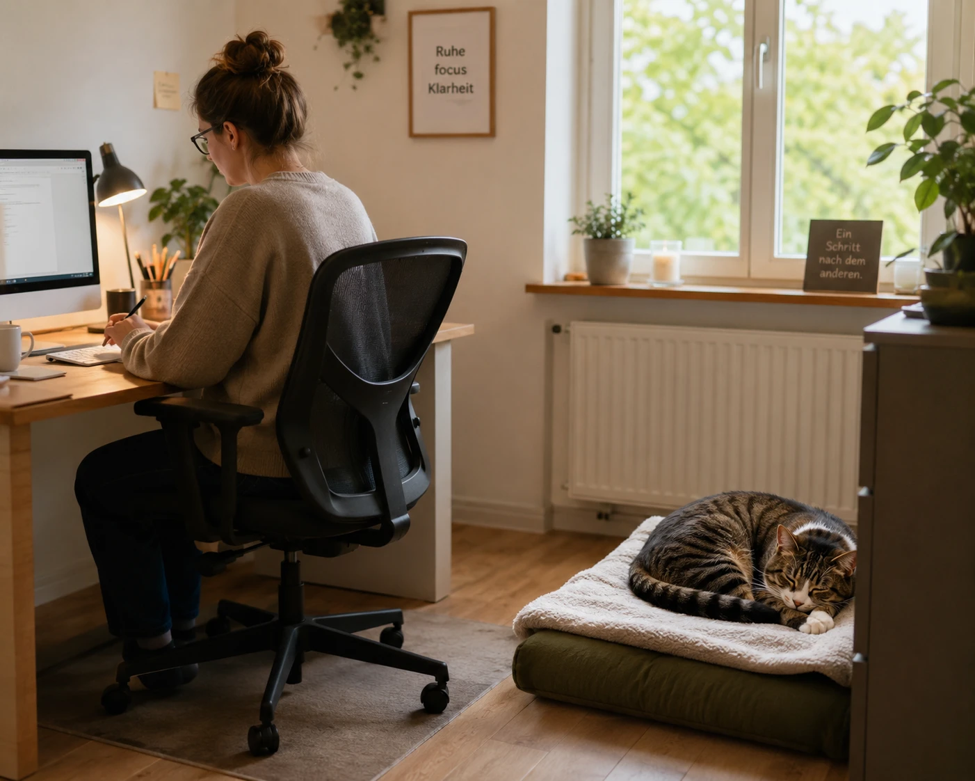 Ruheplatz für eine Katze neben dem Schreibtisch