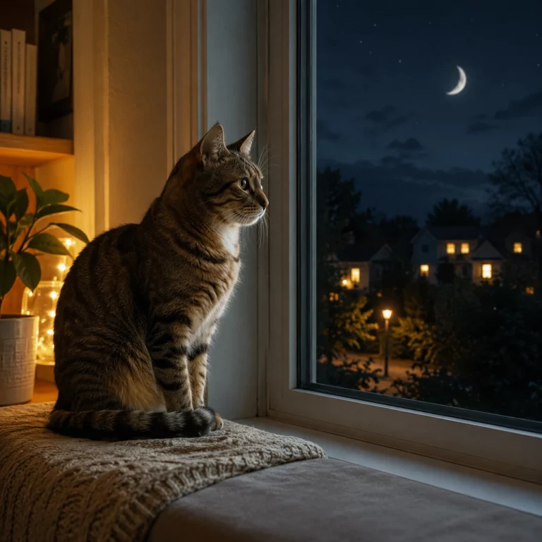 Katze nachts wach am Fensterplatz