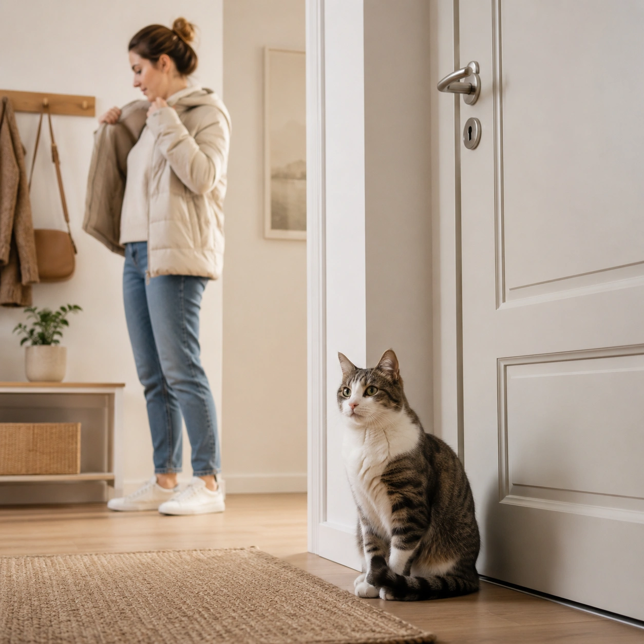 Katze sitzt an der Wohnungstür, bevor die Halterin geht