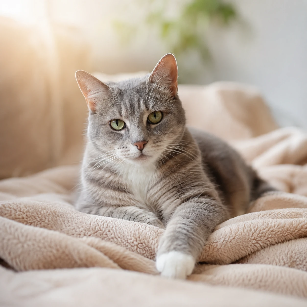 Katze trauert und zieht sich auf vertraute Decke zurück