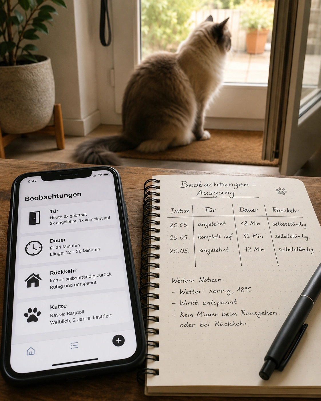 Beobachtungsbogen, wenn die Katze beim Weggehen schreit