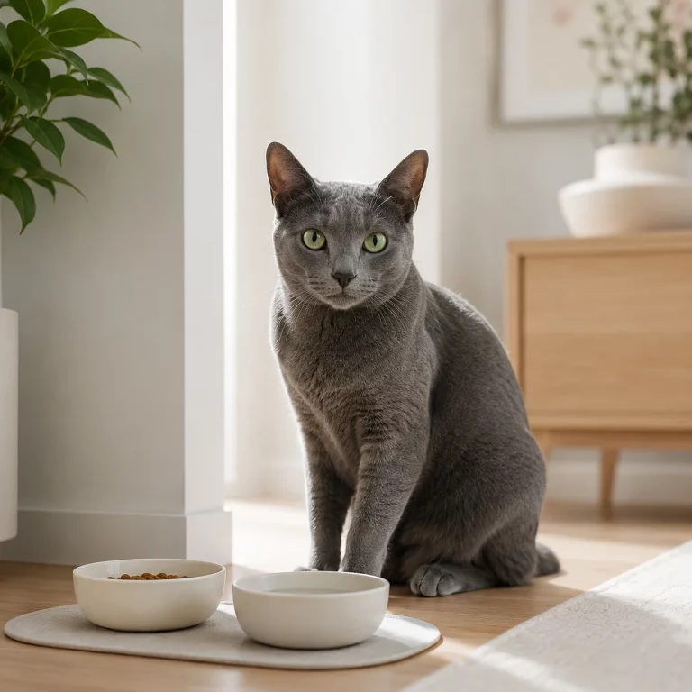 Katze neben Futternapf als Symbol für die Wahl des richtigen Katzenfutters