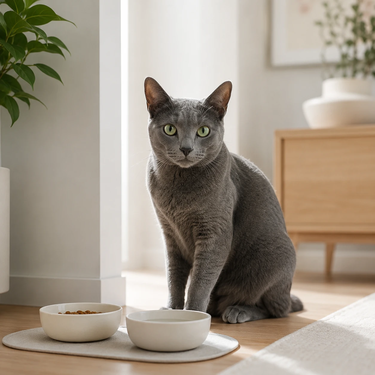 Katze neben Futternapf als Symbol für die Wahl des richtigen Katzenfutters