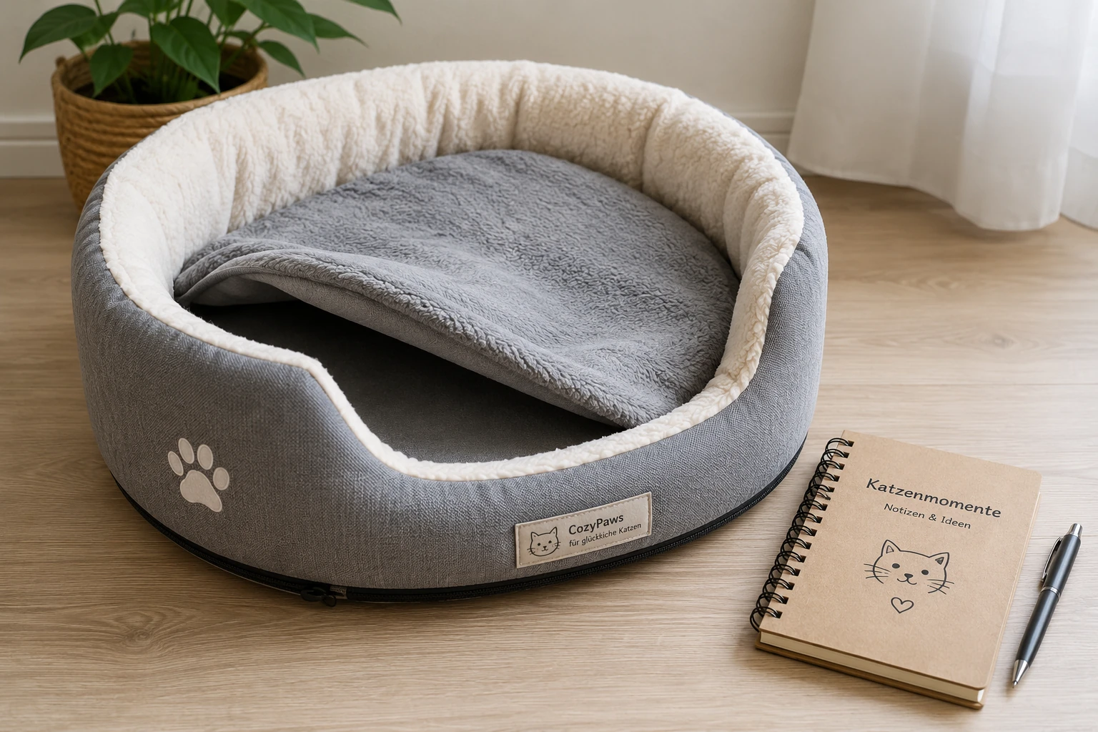 Katzenbett und Notizen zur Beobachtung von Urin am Schlafplatz