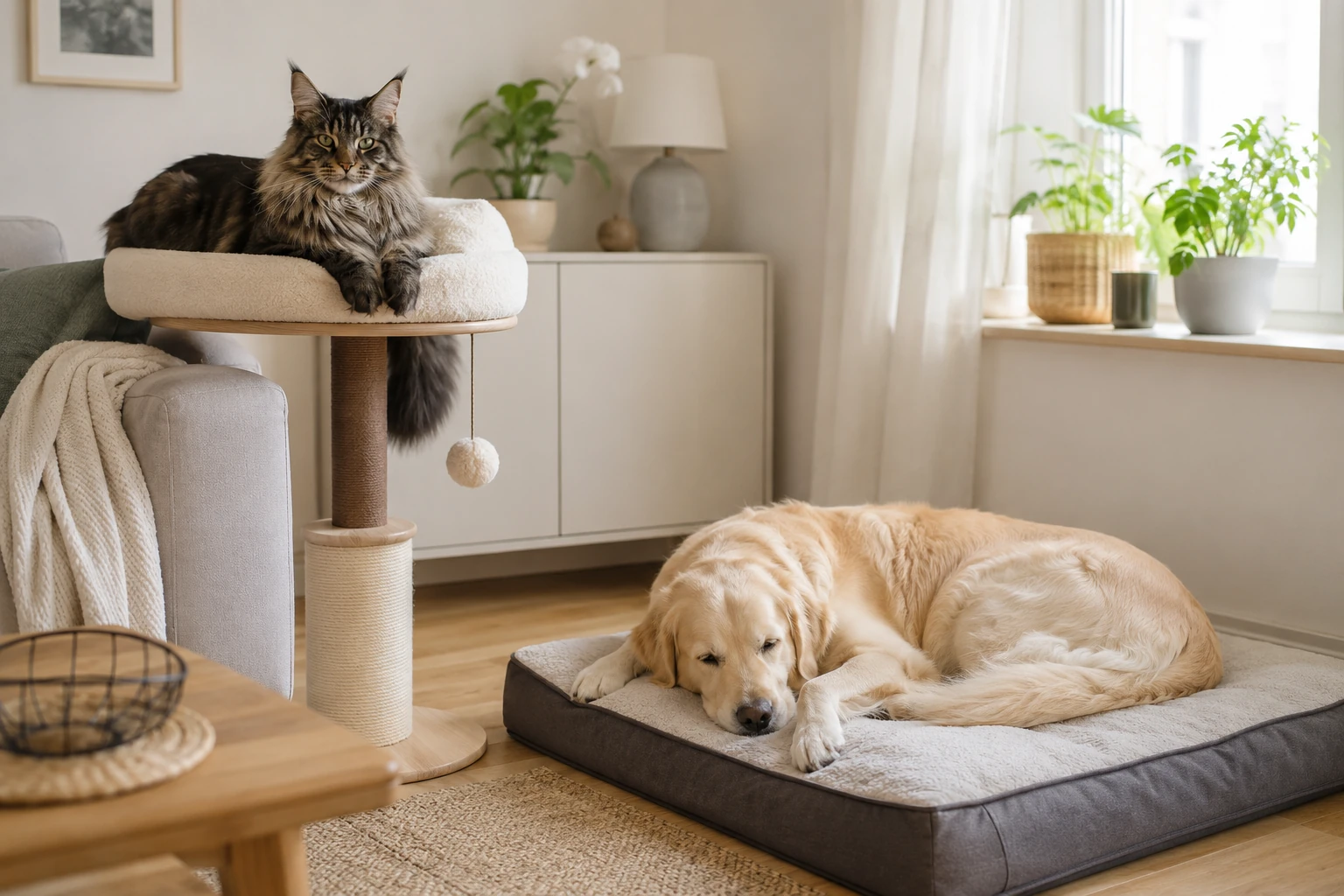 Getrennte Rückzugsorte für Maine Coon und Hund