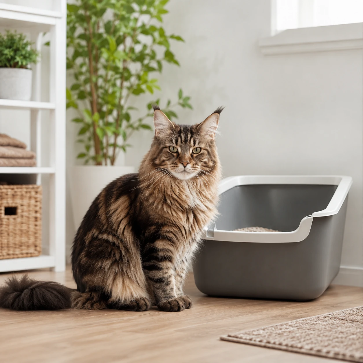 Maine Coon miaut rund ums Katzenklo als mögliches Signal