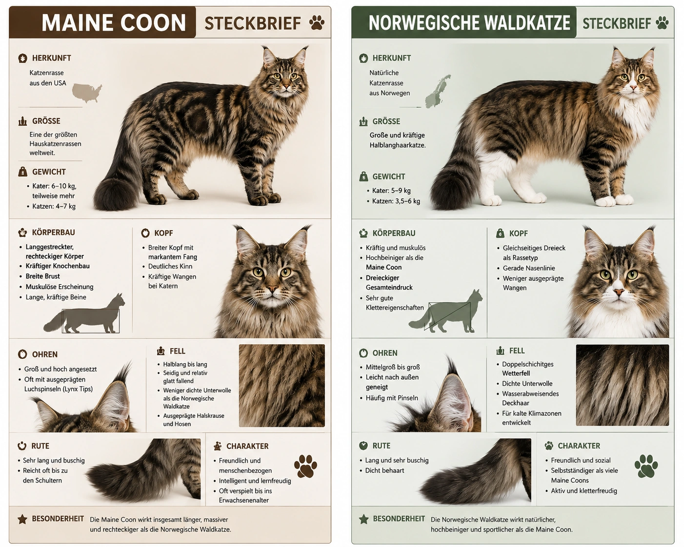 Fell und Körperbau von Maine Coon und Norwegischer Waldkatze vergleichen