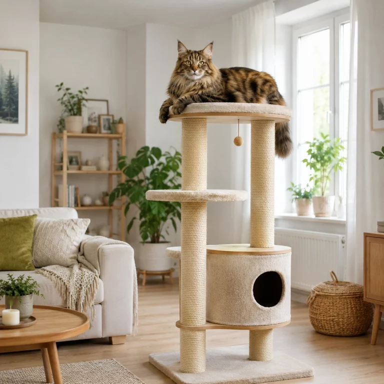 Maine Coon in katzengerechter Wohnungshaltung auf stabilem Kratzbaum