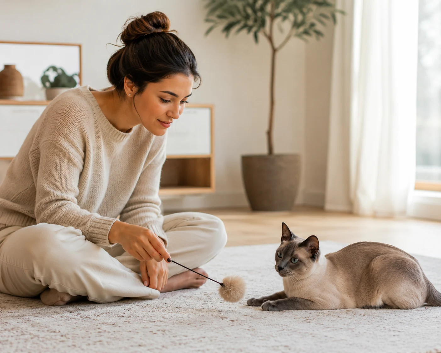 Beschäftigung und Nähe bei der Tonkanese Katze