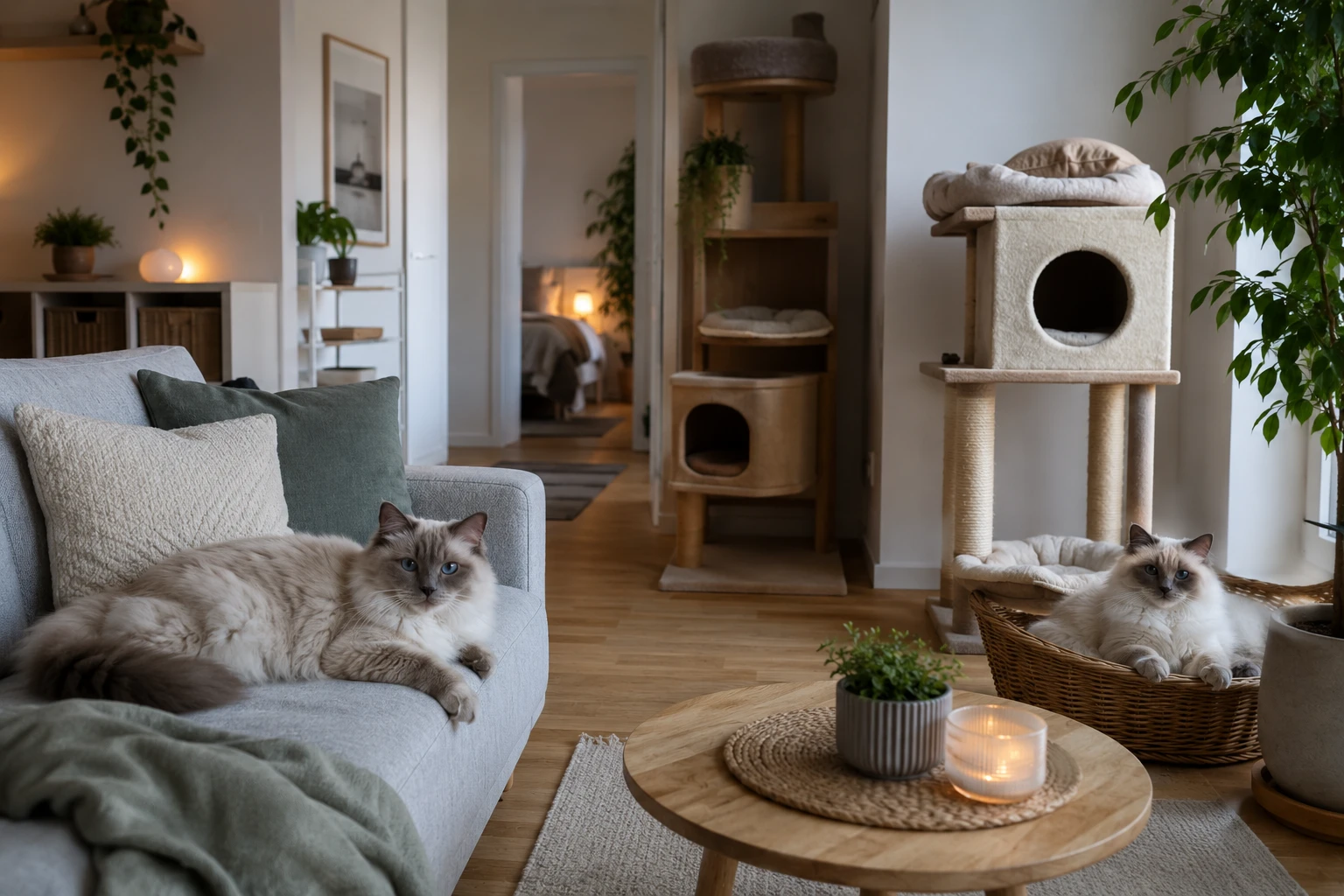 Zwei Ragdoll Katzen mit passenden Rückzugsorten