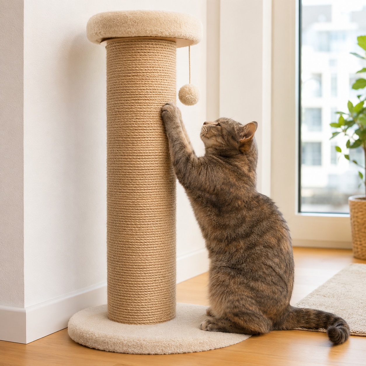 Katze kratzt an Kratzsäule nahe der Wand