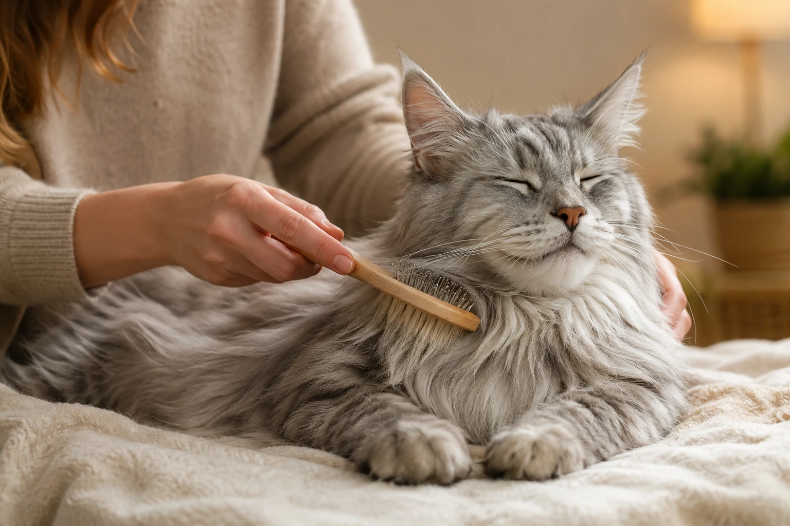 Fellpflege bei einem Angora Maine Coon Mix stressarm aufbauen