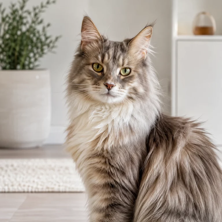 Angora Maine Coon Mix im ruhigen Rassekatzen-Portrait