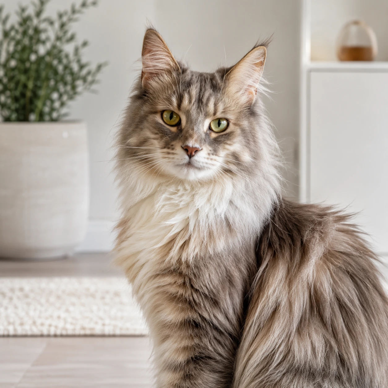 Angora Maine Coon Mix im ruhigen Rassekatzen-Portrait