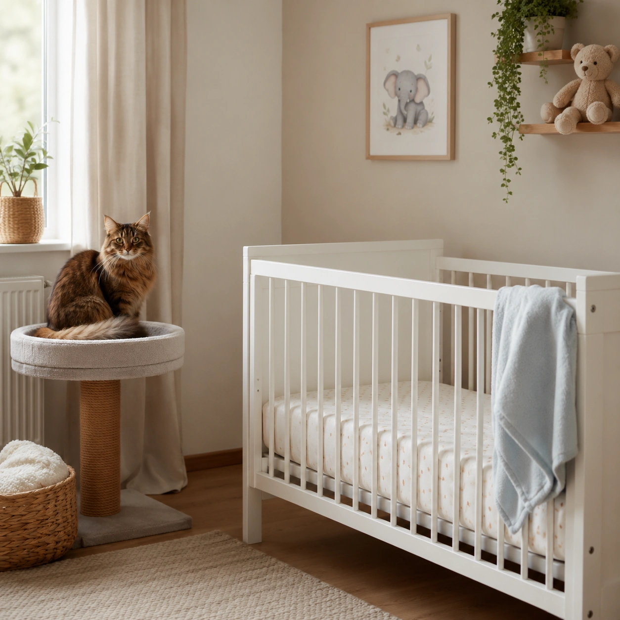 Katze mit eigenem Liegeplatz neben dem vorbereiteten Babyzimmer