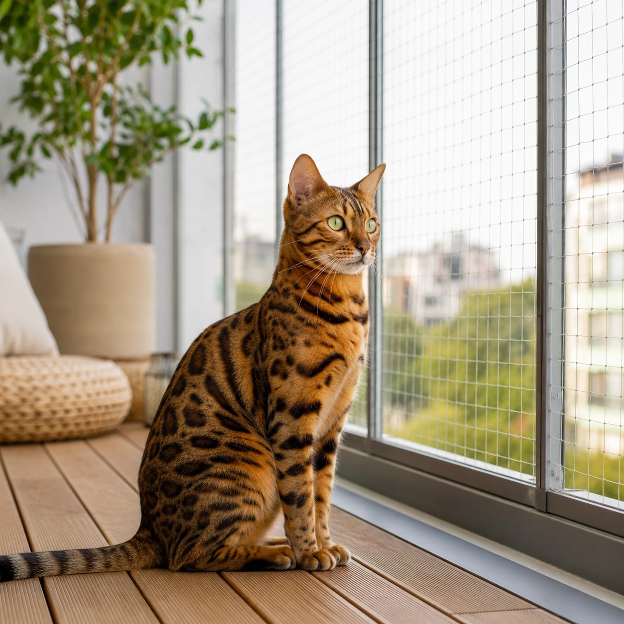 Bengal Katze mit gesichertem Freigang auf dem Balkon