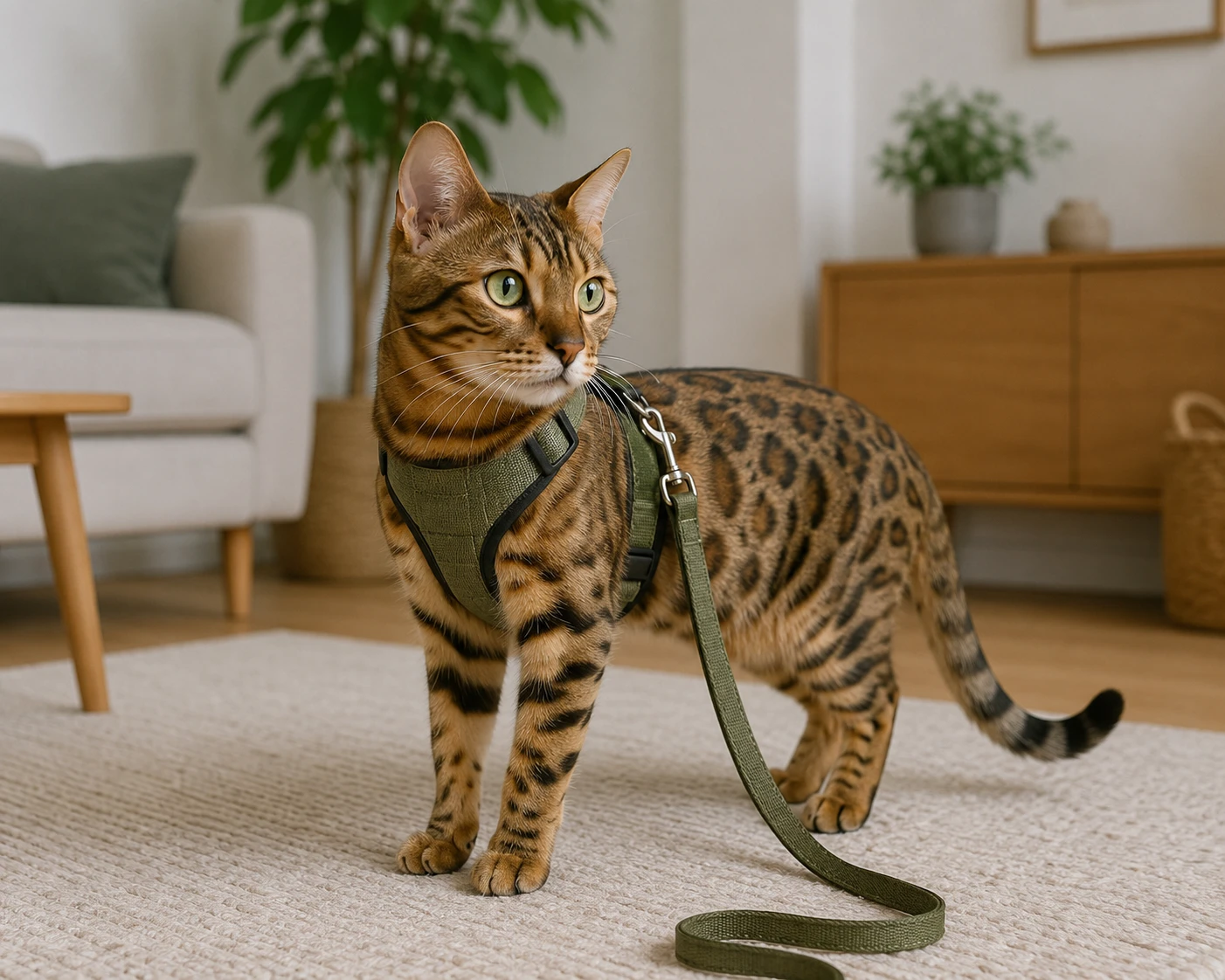 Bengal Katze ruhig an ein Geschirr gewöhnen