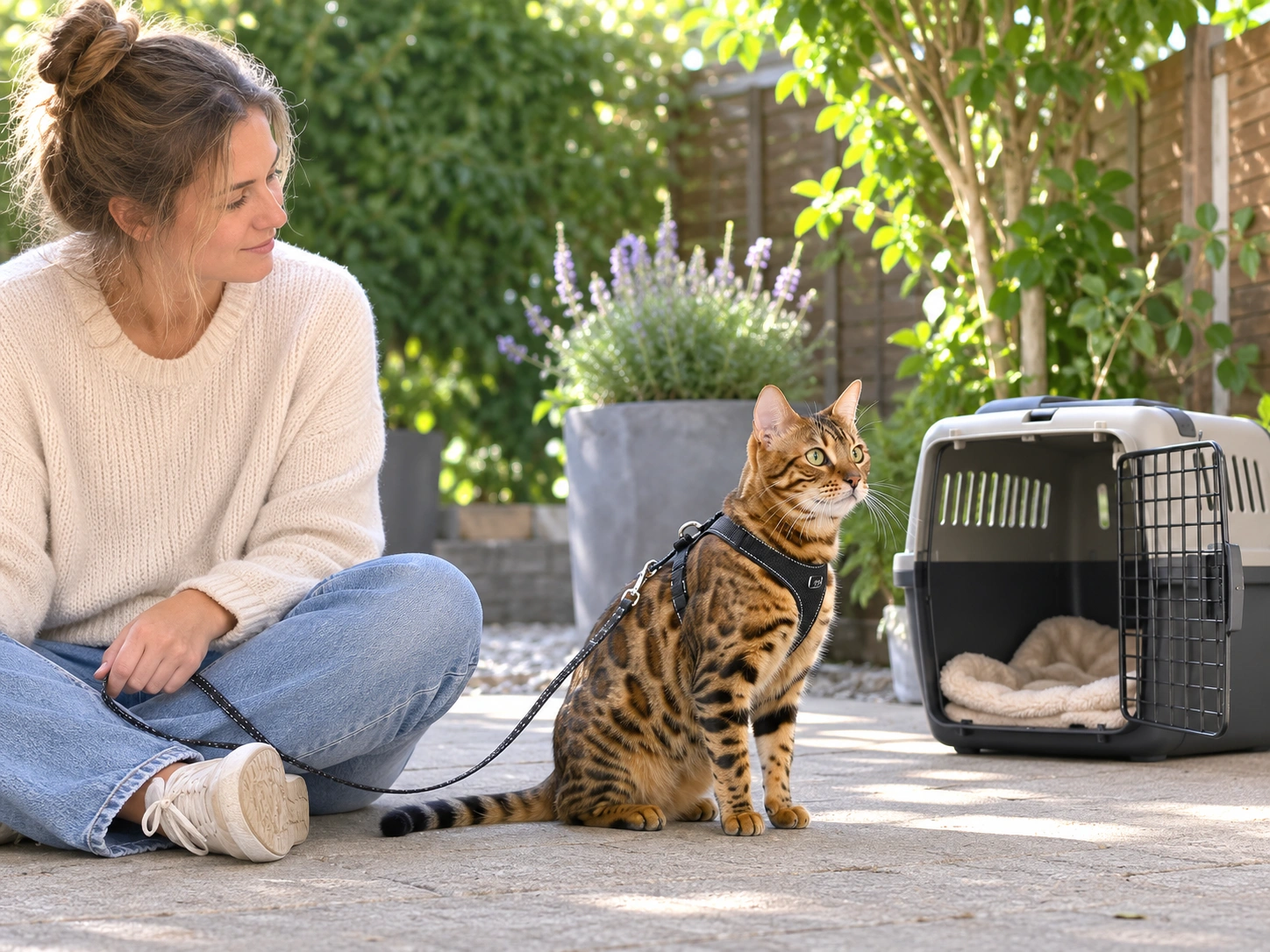 Bengal Katze bei kontrolliertem Außenkontakt an der Leine