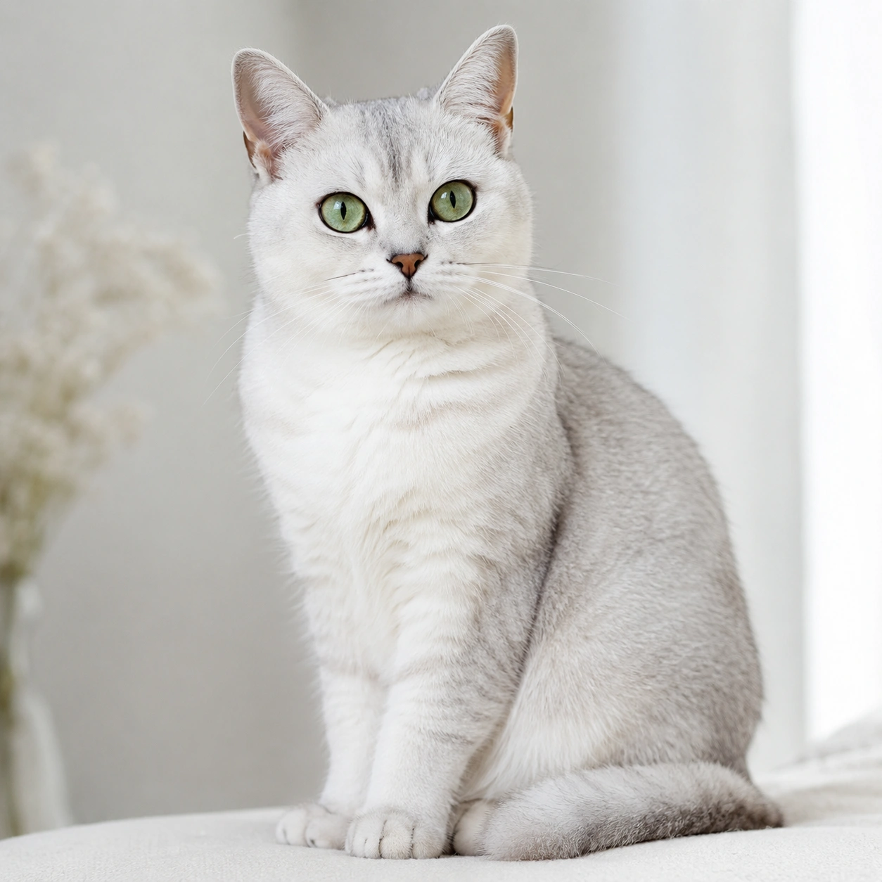 Burmilla Katze mit silbernem Fell und grünen Augen
