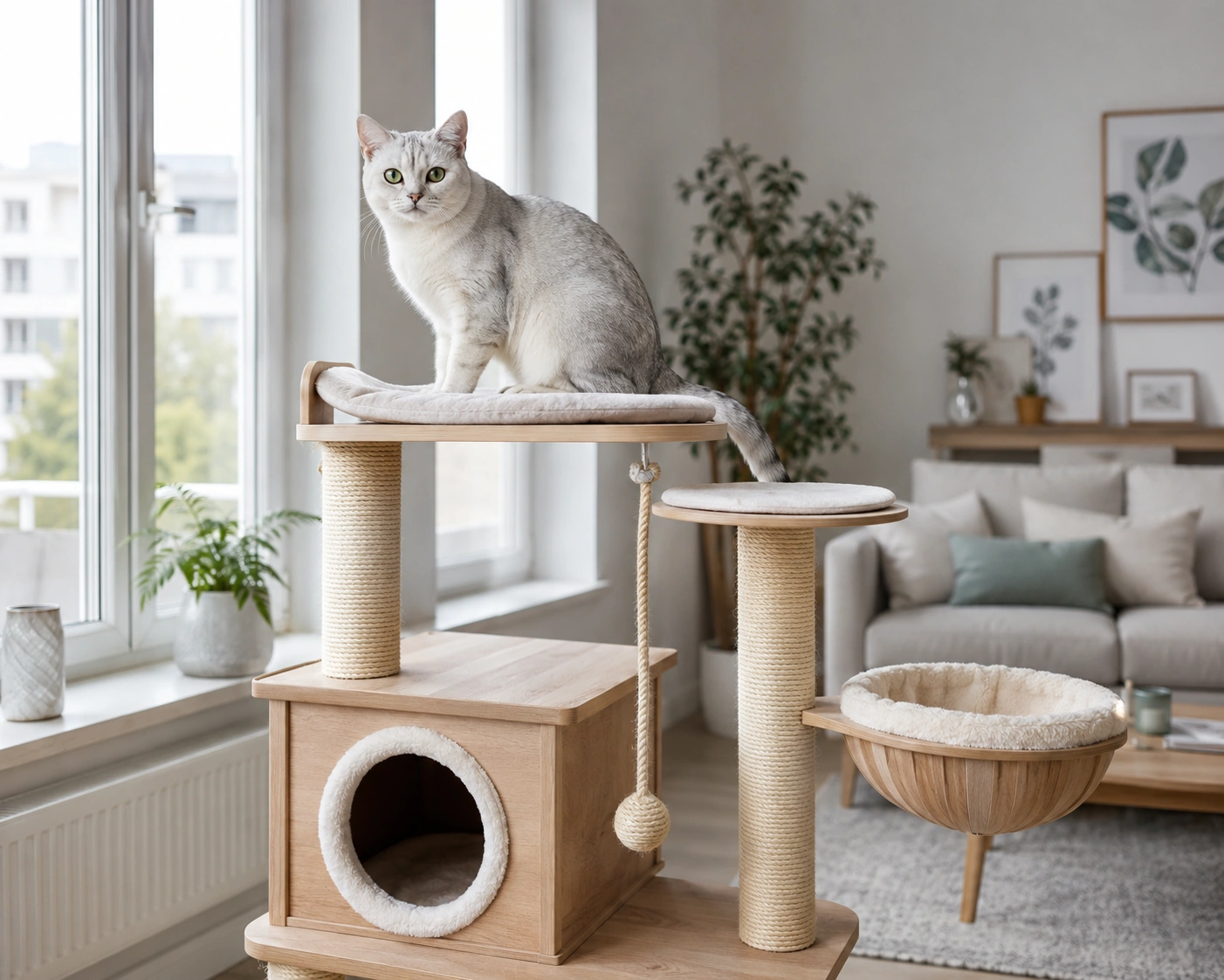 Burmilla Katze auf einem erhöhten Kletterplatz
